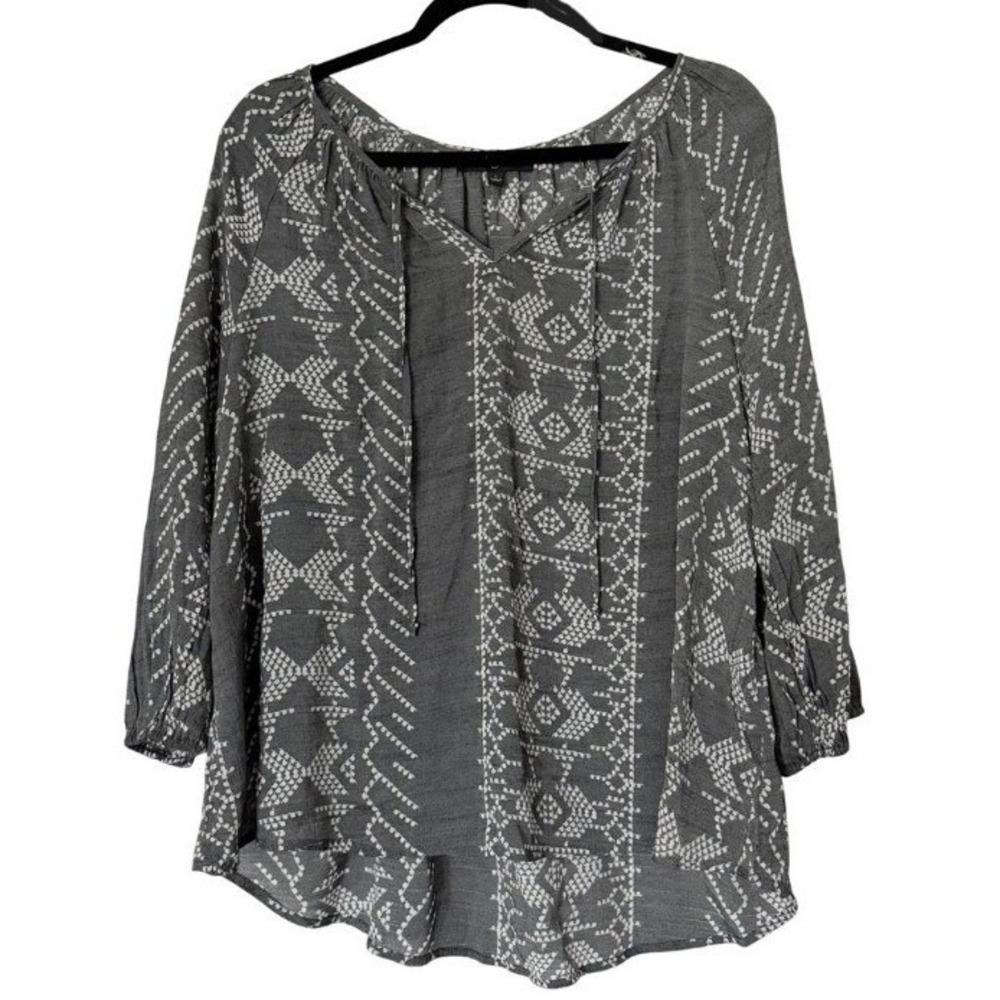 Fred David Geometric Print Women Large Gray Peasant Blouse Boho Tie Neck Top